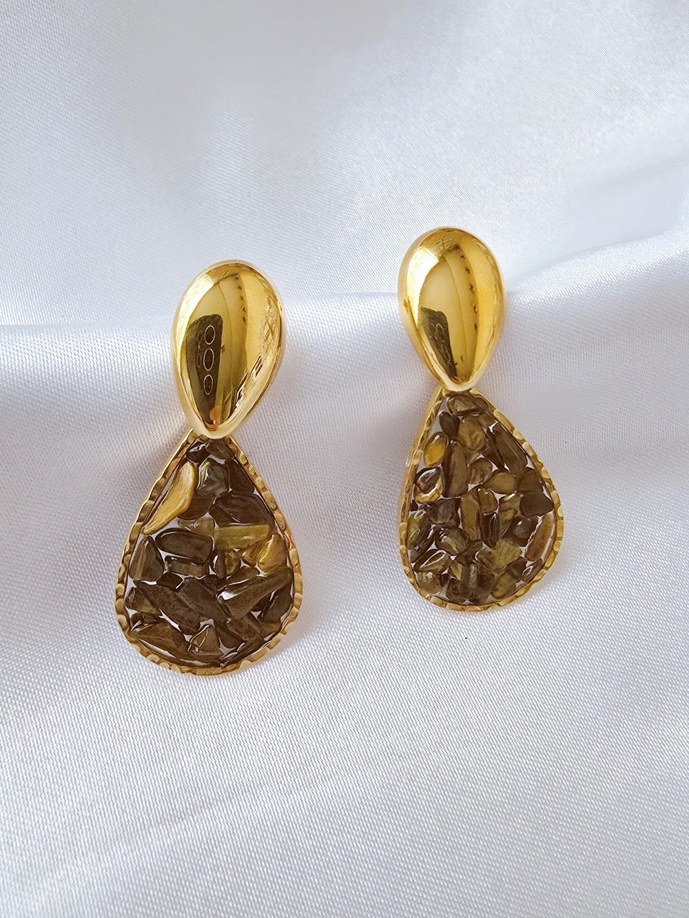 18K Gold-plated Teardrop W/ Natural Brown Stone‎ Inlay Earrings - Women Jewelry